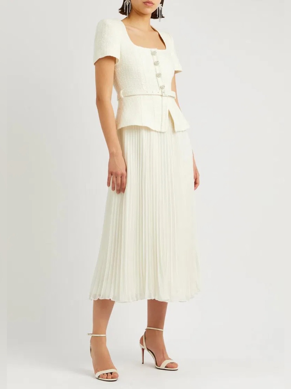 Self-Portrait Pleated Chiffon & Bouclé Tweed Midi Dress in Cream, Size US 10